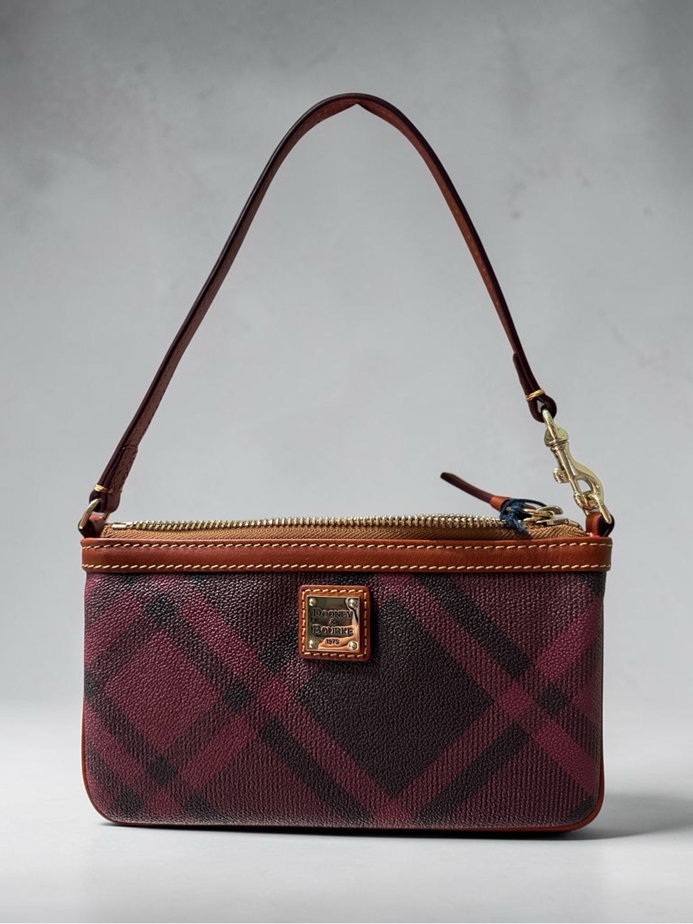 Dooney & Bourke Burgundy Plaid Large Leather Wristlet with Brown Trim